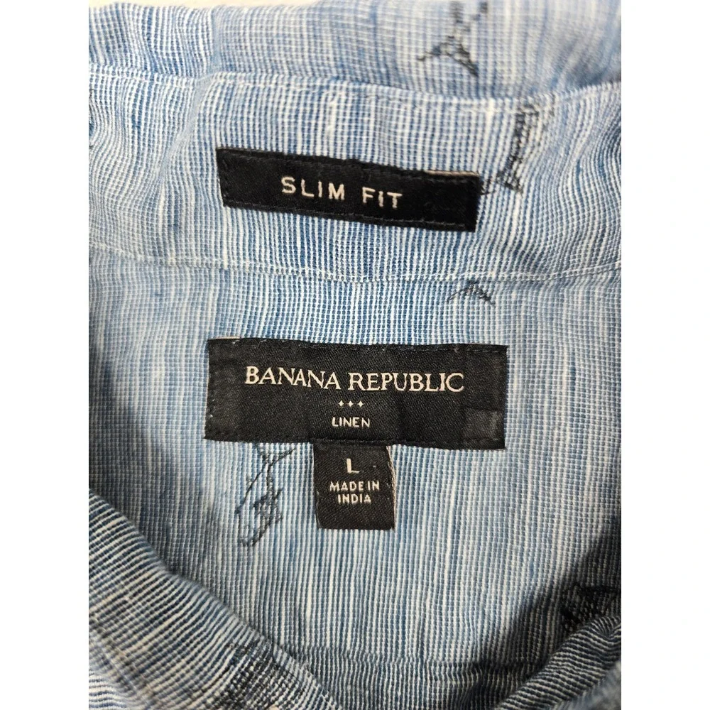 Banana Republic Slim Fit Linen Shirt Mens‎ Large Blue Shark Marlin Short Sleeve